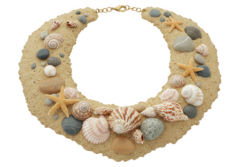Artistic handmade beach inspired statement necklace adorned with seashells and pebbles isolated on transparent background