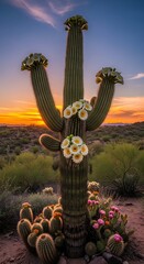 Majestic Saguaro Cactus Blooms at Sunset in the Arizona Desert.