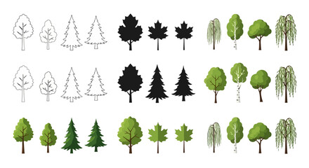 Set of Tree Vector Illustrations: Outlines, Silhouettes and Colored Designs, white background