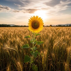 Sunflower in a Wheat Field at Sunset - A Golden Landscape.