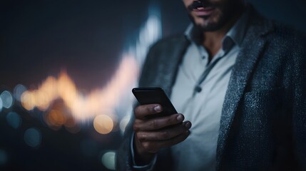 Focused businessman using smartphone at night with city lights bokeh in background
