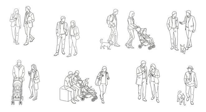 Architectural vector illustration showing people in various poses from a top view, white background