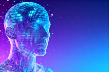 Human head with binary code overlay