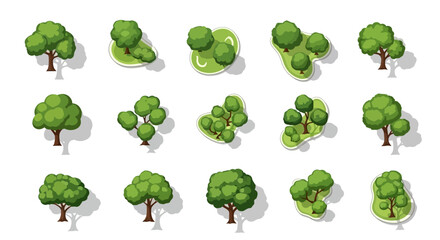 Top-down vector illustration of various tree icons for landscaping, urban planning and architectural design, white background
