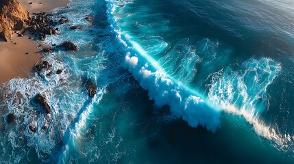 Aerial view reveals turquoise waves crashing onto a sandy coastline dotted with dark rocks