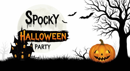 Spooky Halloween Party Poster with Haunted House, Pumpkin, and Full Moon, white background