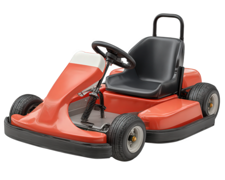 Red go kart toy vehicle with black seat, steering wheel, and four wheels, designed for children, photorealistic style, playful and fun appearance, isolated on transparency background