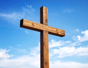 Fototapeta premium Wooden cross against a vibrant blue sky