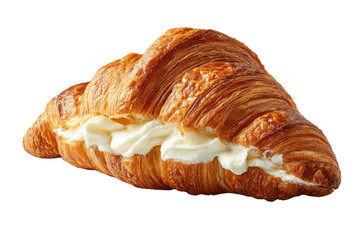 Golden brown croissant filled with creamy white filling on black background pastry baked 2, Isolated On Transparent Background, Png Cut Out