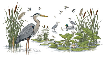 Ecological Illustration of Wetlands with Birds, Plants, and a Heron, white background