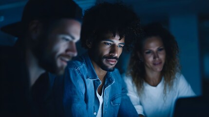 Diverse team intensely collaborating on a laptop in a dimly lit room at night