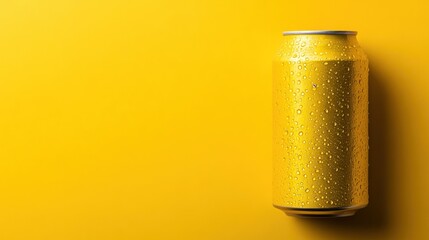 Golden can on yellow background with water droplets.