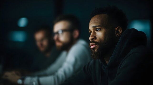 Three diverse men collaborating in a dark modern office late at night showing intense focus and dedication