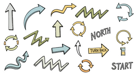 Collection of hand-drawn style arrows in various shapes and directions, pointing to different paths, white background