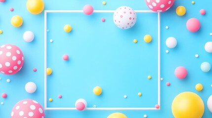 Colorful balls and dots frame on a light blue background.