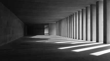 打ちっぱなしのコンクリートの柱と壁が連続する空間を、モノクロ調で捉えた建築写真。強い光が斜めから差し込み、床にドラマチックな影のストライプを作り出しており、ミニマルで静謐な雰囲気。