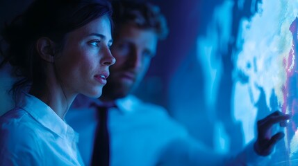 Business professionals examine global data visualization on a glowing digital world map screen