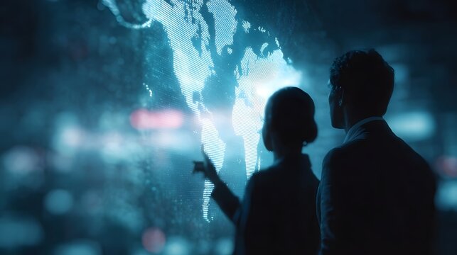 Business professionals examining global data trends on an illuminated futuristic digital world map display