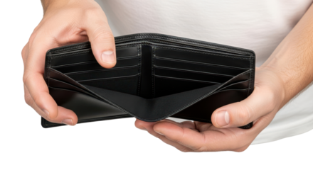 Man's hands holding an open, empty black leather wallet, showing no money. Isolated on transparent background, png