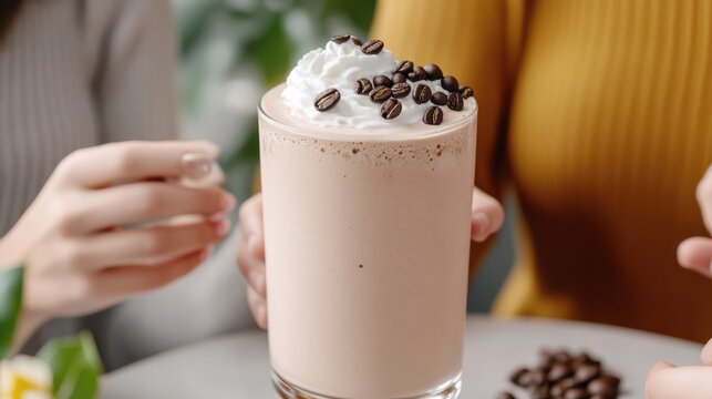 Chocolate Frappe with Whipped Cream and Coffee Beans, Refreshing Drink, Cafe Scene, Dessert Beverage, Indulgence, Friends, Lifestyle, Coffee Culture