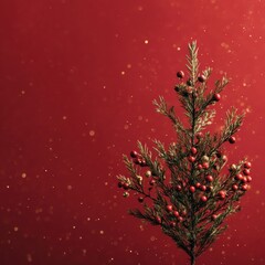 Minimalist Holiday Branch Display with Elegant Red Berries and Gold Ornaments on a Vibrant Background