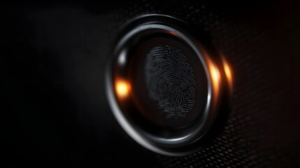 Close up of a metallic fingerprint scanner with warm orange glow symbolizing digital security and biometric identity