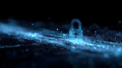 A glowing blue digital padlock icon formed by luminous particles against a dark abstract background