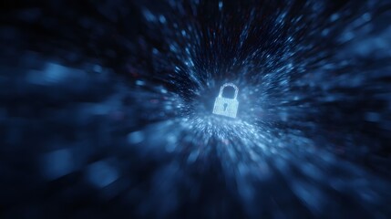 Abstract glowing padlock symbol representing digital security and data encryption moving through a futuristic dark blue particle vortex