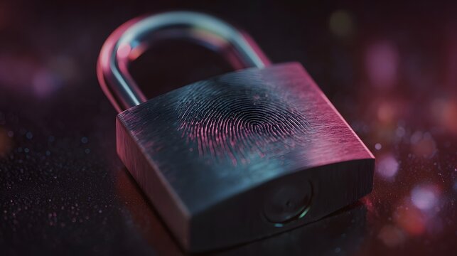A close up of a metallic padlock with a fingerprint imprint illuminated by futuristic neon lights symbolizing digital security and personal