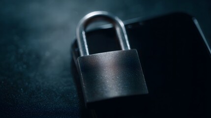 Fototapeta premium Close up of a metallic padlock secured over a dark smartphone representing digital security privacy and access control