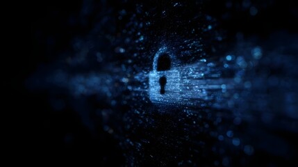 Digital padlock icon glowing with blue light and data streams against a dark background symbolizing cyber security and data protection