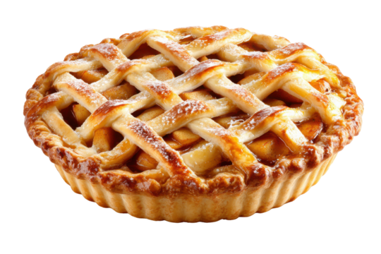 Golden brown lattice top apple pie with powdered sugar dusting dessert food, Isolated On Transparent Background, Png Cut Out