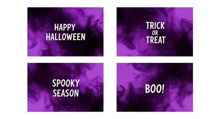 Set of four purple Halloween backgrounds with smoky gradient textures and holiday greetings, white background