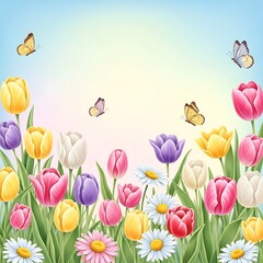 Colorful Tulips and Butterflies in a Spring Garden Illustration.