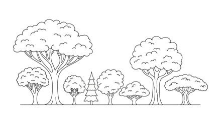 Line art illustration of trees on a white background for coloring or design use, white background