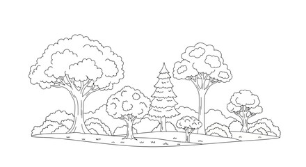 Line art illustration of trees on a white background for coloring or design use, white background