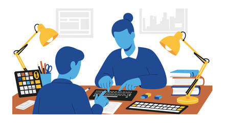 Two People Working Together at a Desk with Lamps and Computer