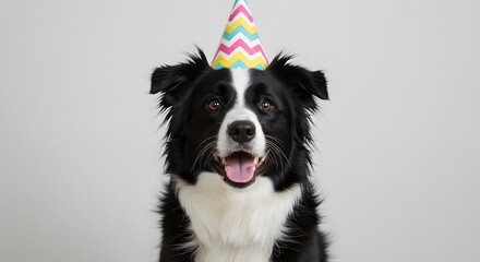 Fototapeta premium Black and White Dog Wearing Colorful Zigzag Party Hat in Close-Up Portrait Against Light Gray Background with Tongue Out