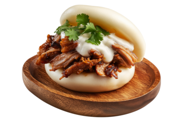 Polynesian steamed bao bun filled with shredded pork, creamy sauce, and cilantro leaves, isolated on white transparent background, concept of Polynesian Snacks Keke Pua street food