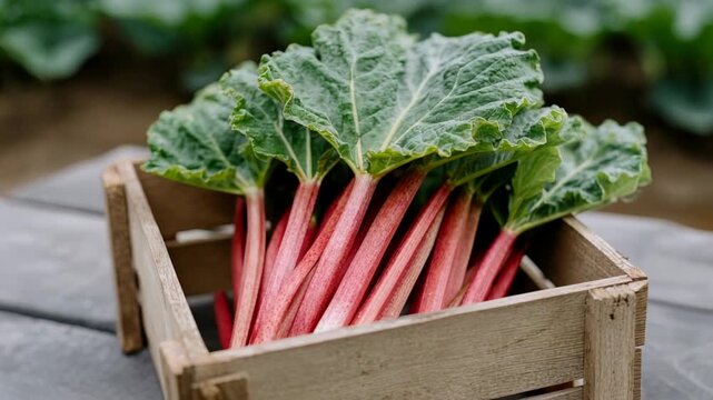 Fresh rhubarb stalks in wooden crate, vibrant greens and pinks evoke garden harvest, perfect for spring recipes or farmers market scenes