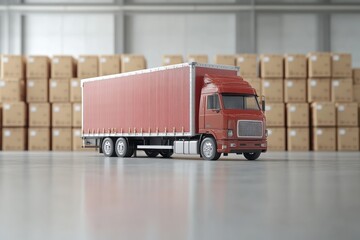 A red freight truck parked inside a warehouse filled with stacked cardboard boxes