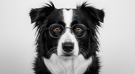 Fototapeta premium Border Collie Dog with Black and White Coat Wearing Round Eyeglasses in Close-Up Portrait Against Light Background