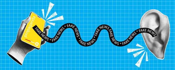 Trendy halftone banner with hand holding smartphone playing fake news in ear. Gossip, propaganda and fake news concept. False information spreading. Contemporary collage for design template. Vector