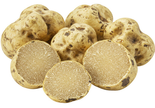 Fresh white truffles, whole and sliced, revealing marbled yellowish-brown gleba and rough yellowish-beige skin, on transparent background with copy space, soft studio light, gourmet food concept