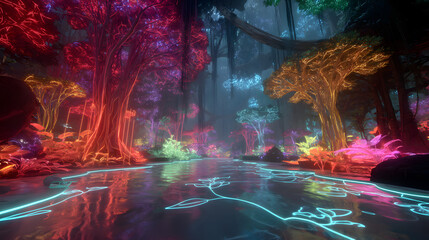Enchanting bioluminescent forest with glowing trees and a shimmering river reflecting vibrant neon lights