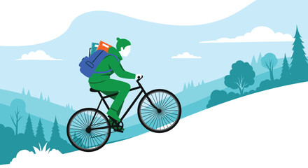 Naklejka premium Active Traveler Riding Bicycle Through Scenic Mountain Landscape Illustration