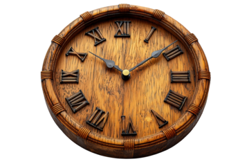 Wooden clock with elegant craftsmanship, highlighting its timeless beauty and intricate woodwork PNG cut out.