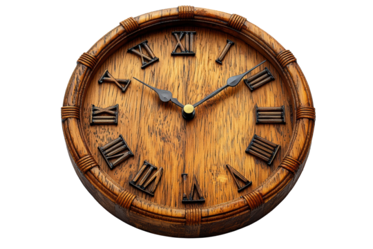 Wooden clock with elegant craftsmanship, highlighting its timeless beauty and intricate woodwork PNG cut out.