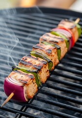 Grilled Salmon Skewer with Vegetables on a Barbecue.