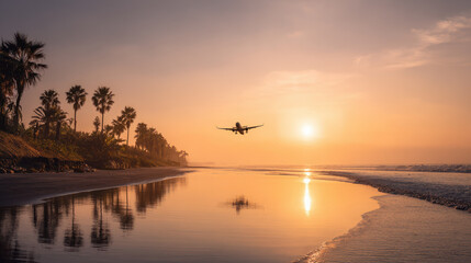 Airplane flying over a tropical beach at sunset, perfect for a winter escape.